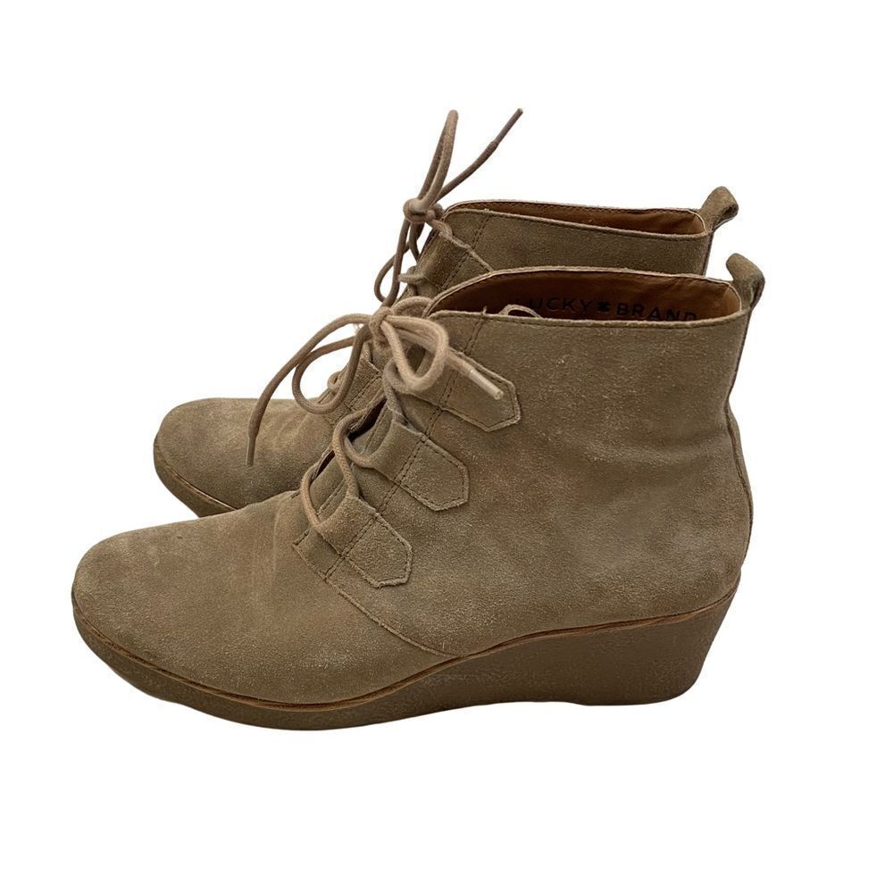 Lucky Brand Jaemma Tan Suede Leather Wedge Ankle Boots Size 8